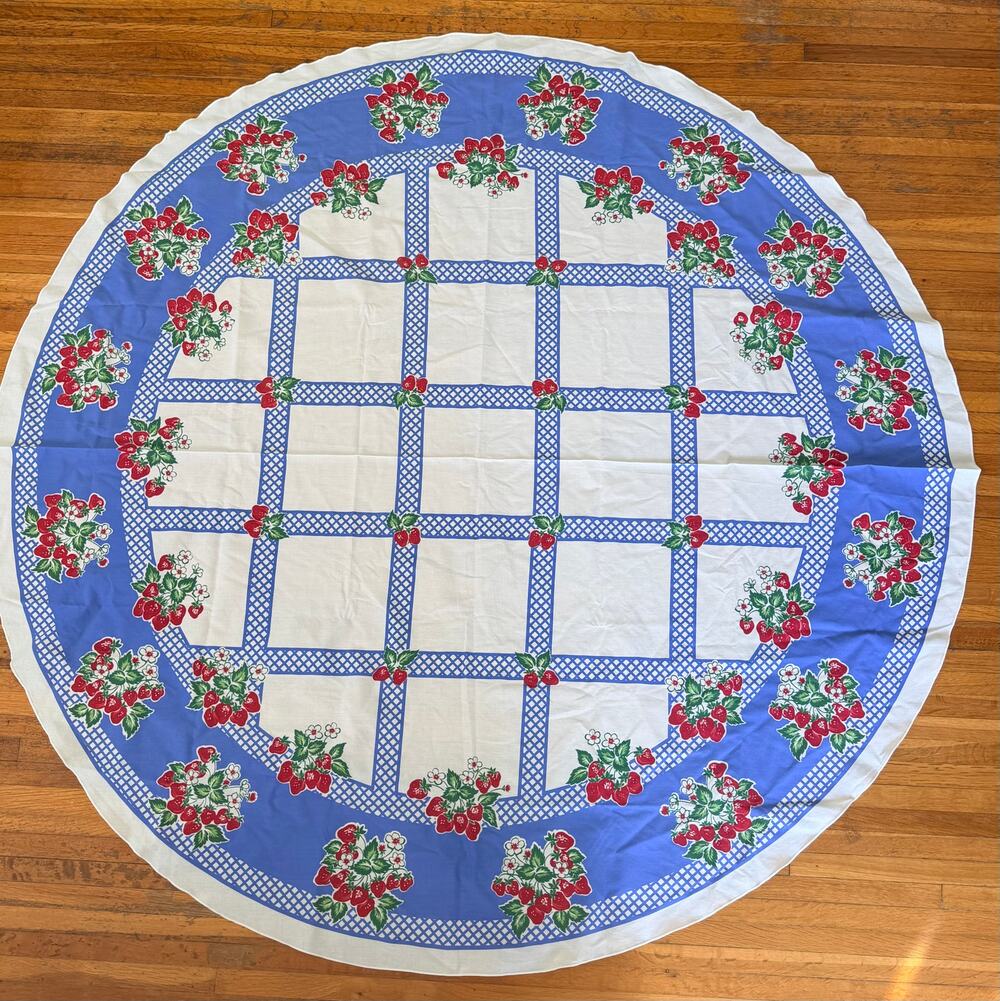 Vintage 1950s Strawberry Lattice Round Tablecloth Blue Crosshatch Berry 70"
